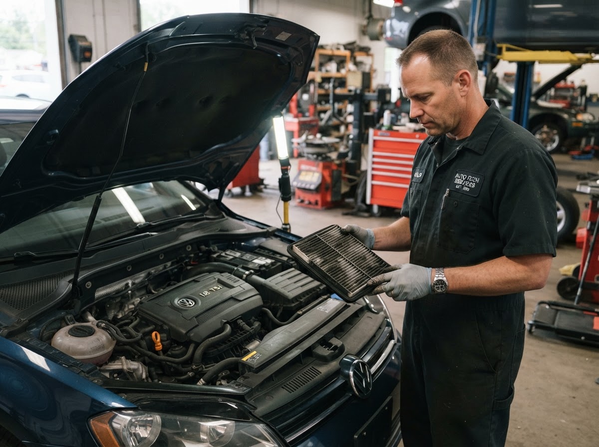 Mobile engine maintenance inspection during a tune-up in Walker Michigan.