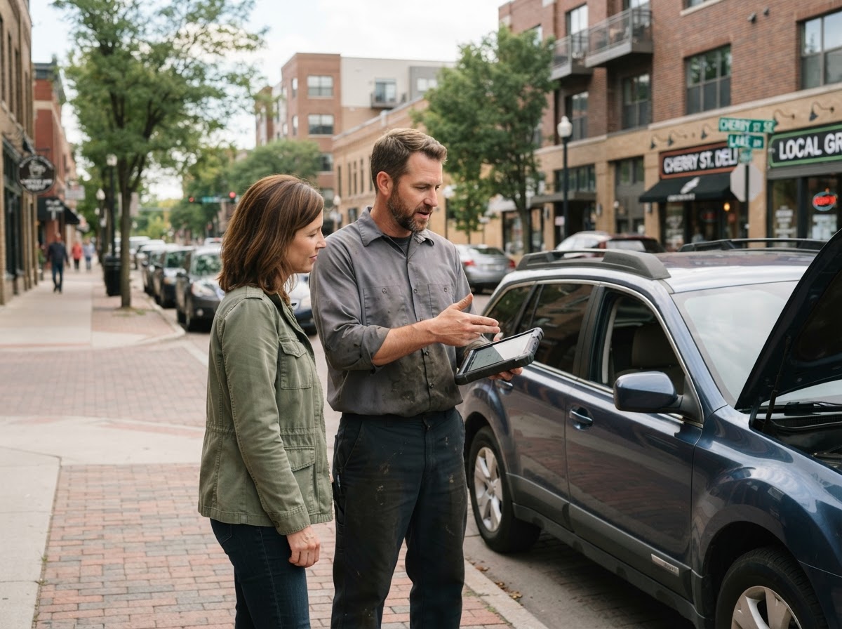 Mobile mechanic explaining diagnostic findings to a Grand Rapids driver.