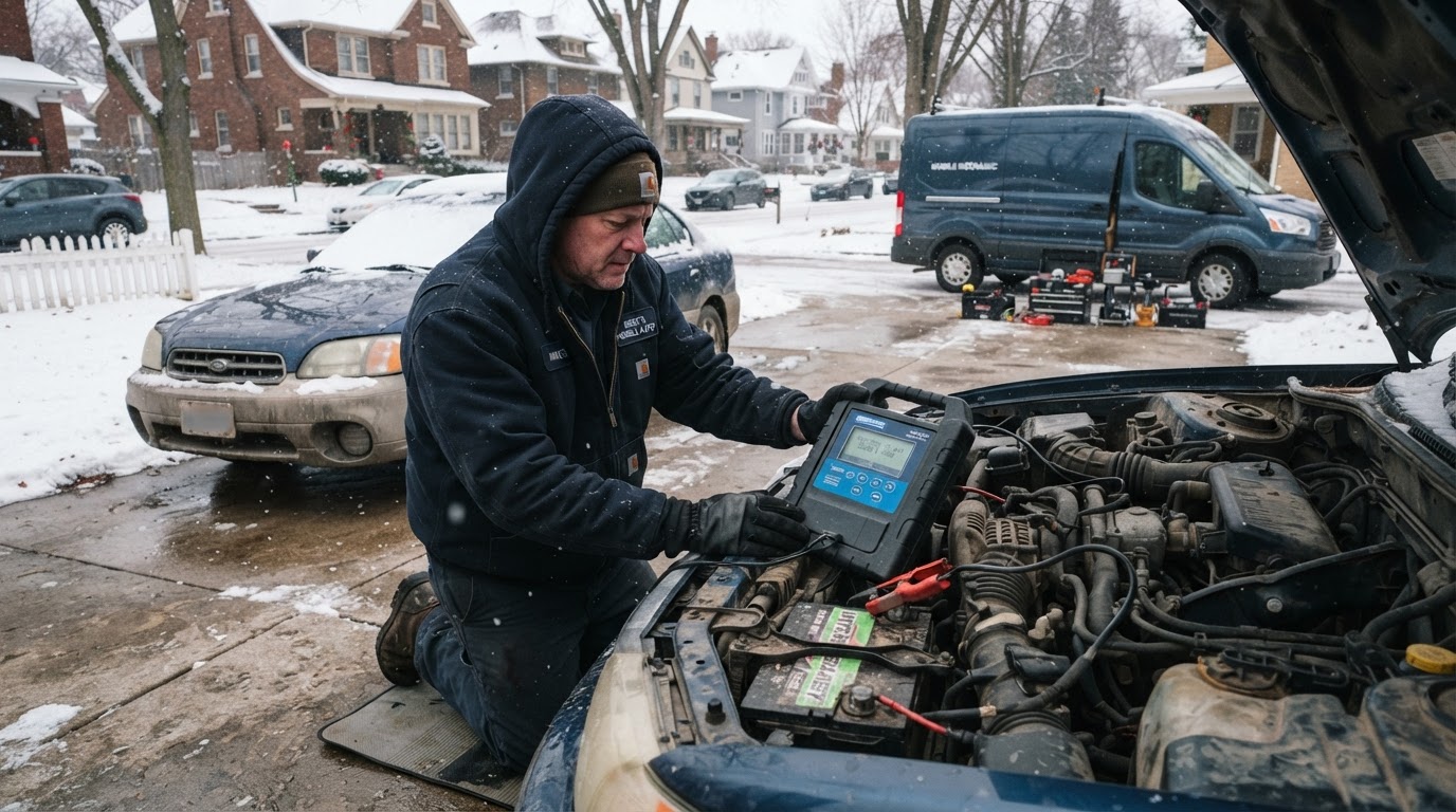 Mobile car battery testing at a Grand Rapids residential vehicle.