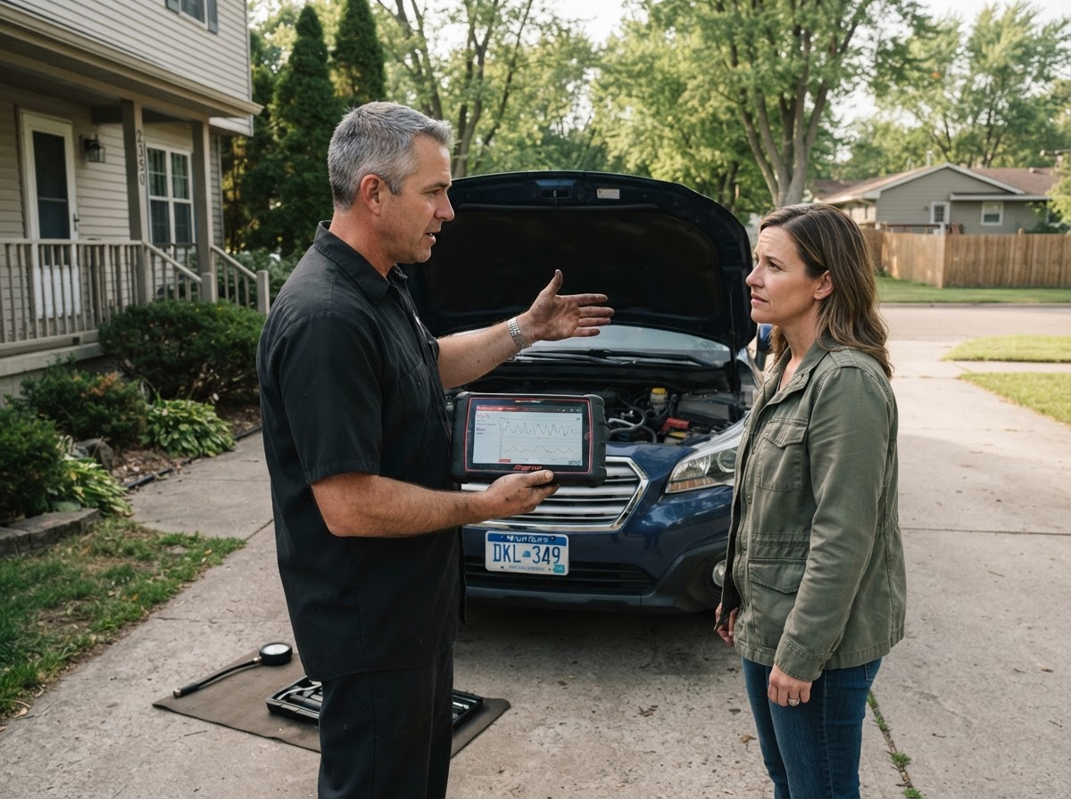 Mobile mechanic explaining diagnostic findings to a Wyoming driver.