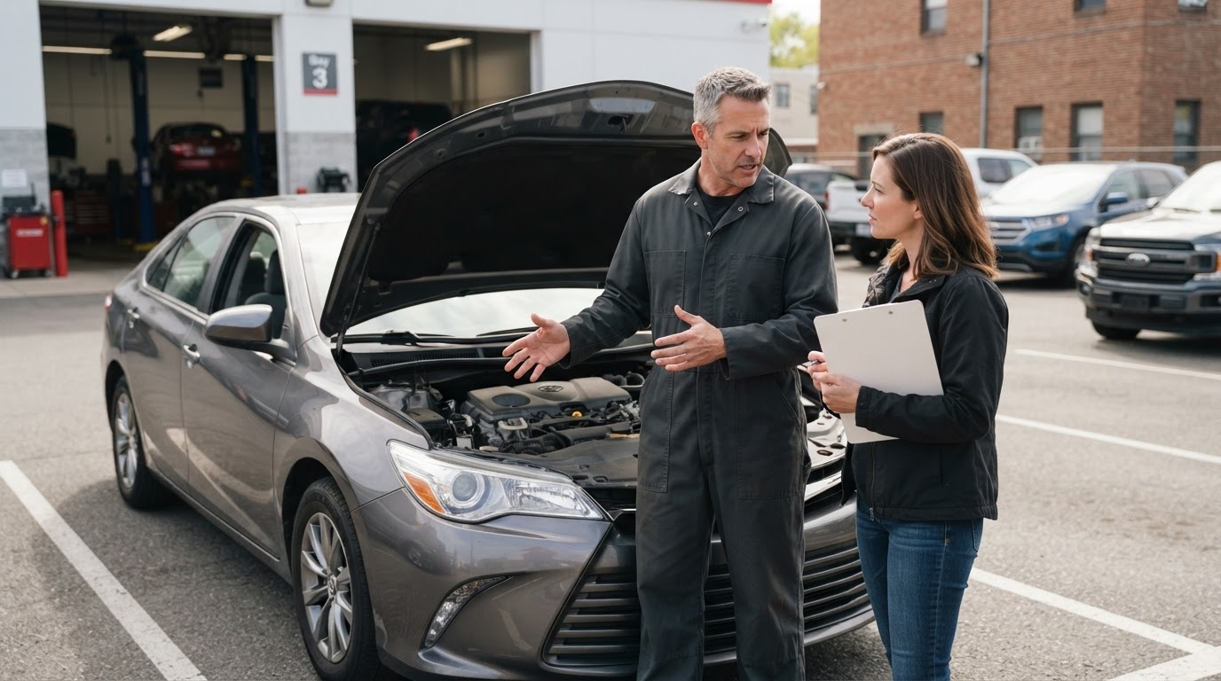 Mobile mechanic explaining roadside vehicle service options in Comstock Park MI.