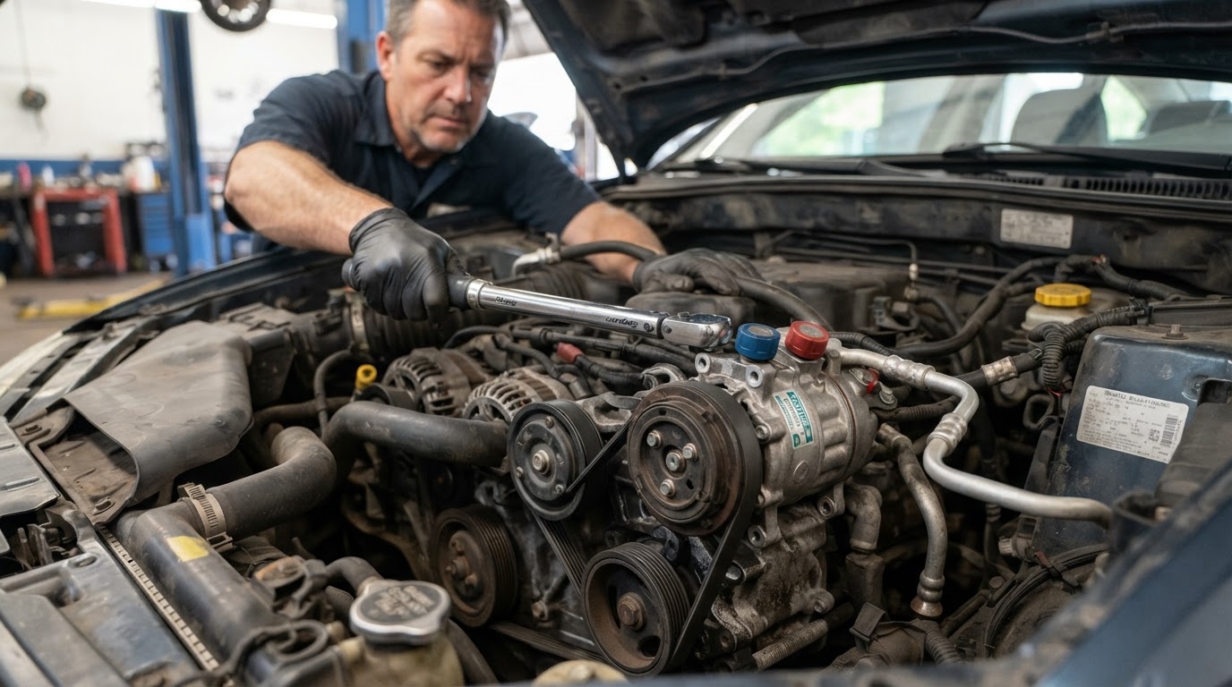 Mobile mechanic inspecting vehicle A/C and heating system components in Walker.