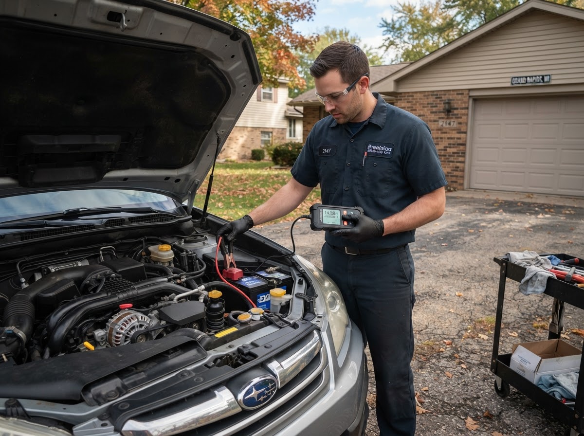 Charging system verification after mobile alternator service in Grand Rapids MI.