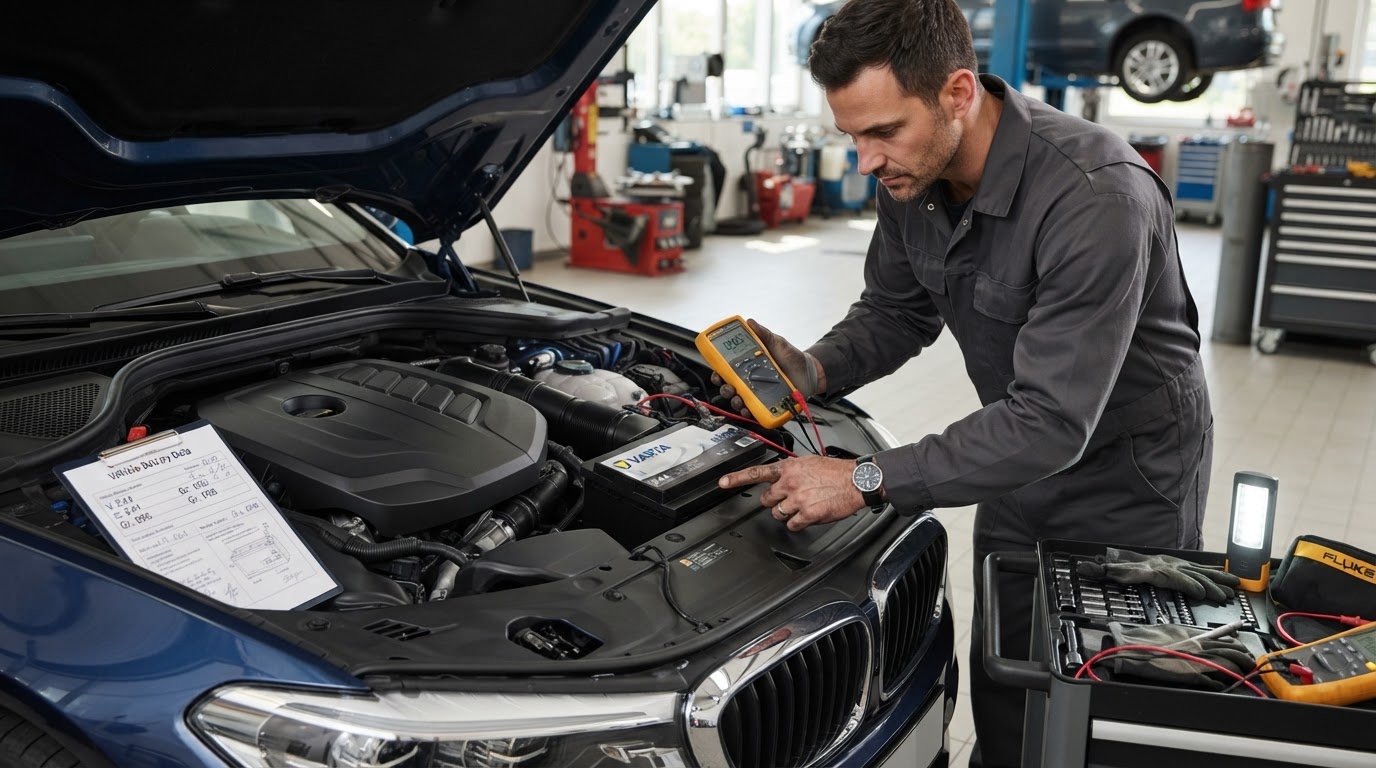 Mobile mechanic verifying car battery fitment in Allendale Michigan.