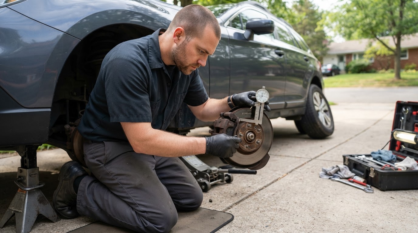 Mobile mechanic evaluating brake wear and hardware in Walker Michigan.