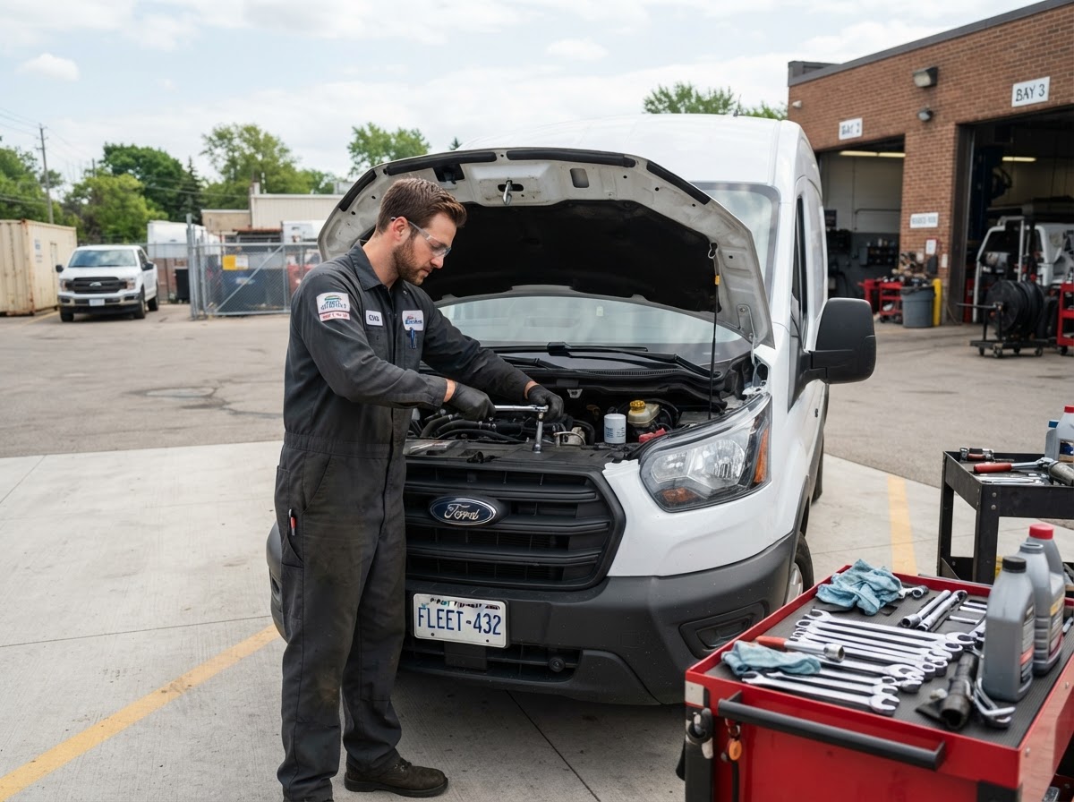 On-site fleet vehicle maintenance at a Walker business location.
