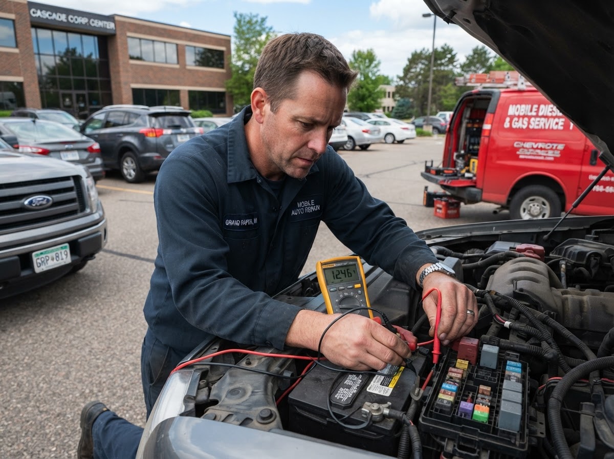 Multimeter and electrical testing during mobile diagnostics in Grand Rapids MI.