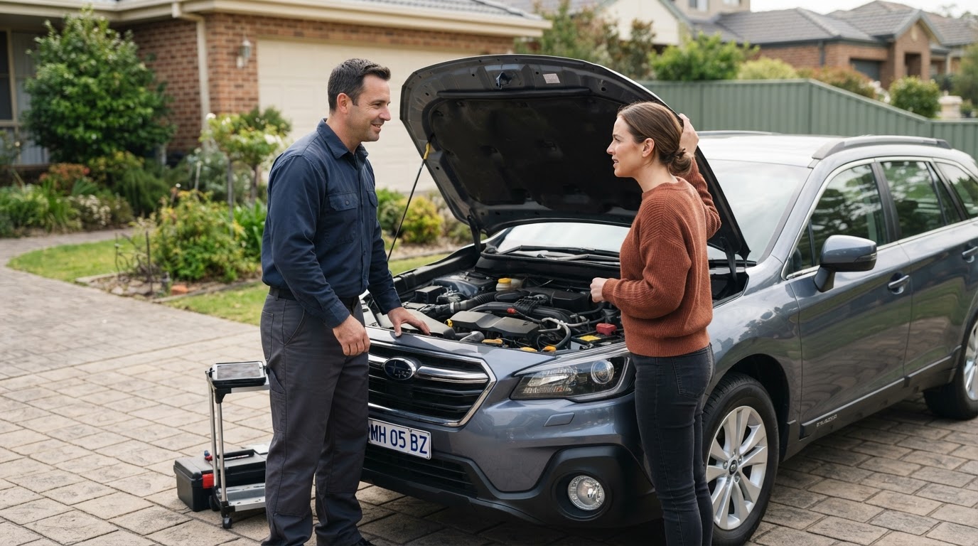Walker driver discussing mobile auto repair findings with a mechanic.