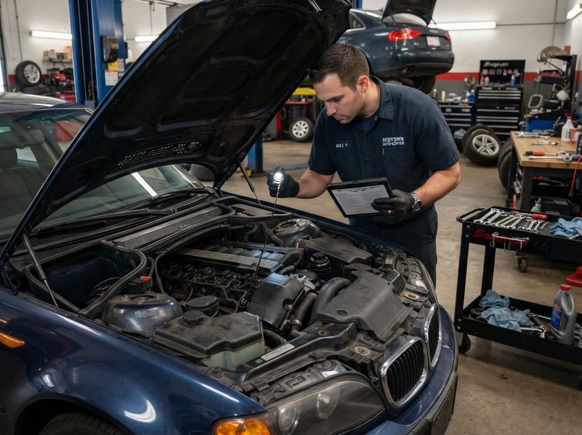 Engine bay inspection during a pre-purchase vehicle check in Walker MI.