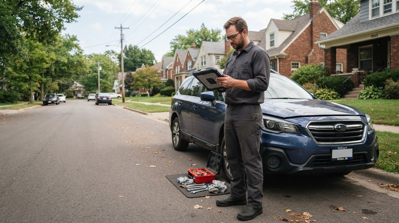 Mobile mechanic reviewing a service request in Walker Michigan.