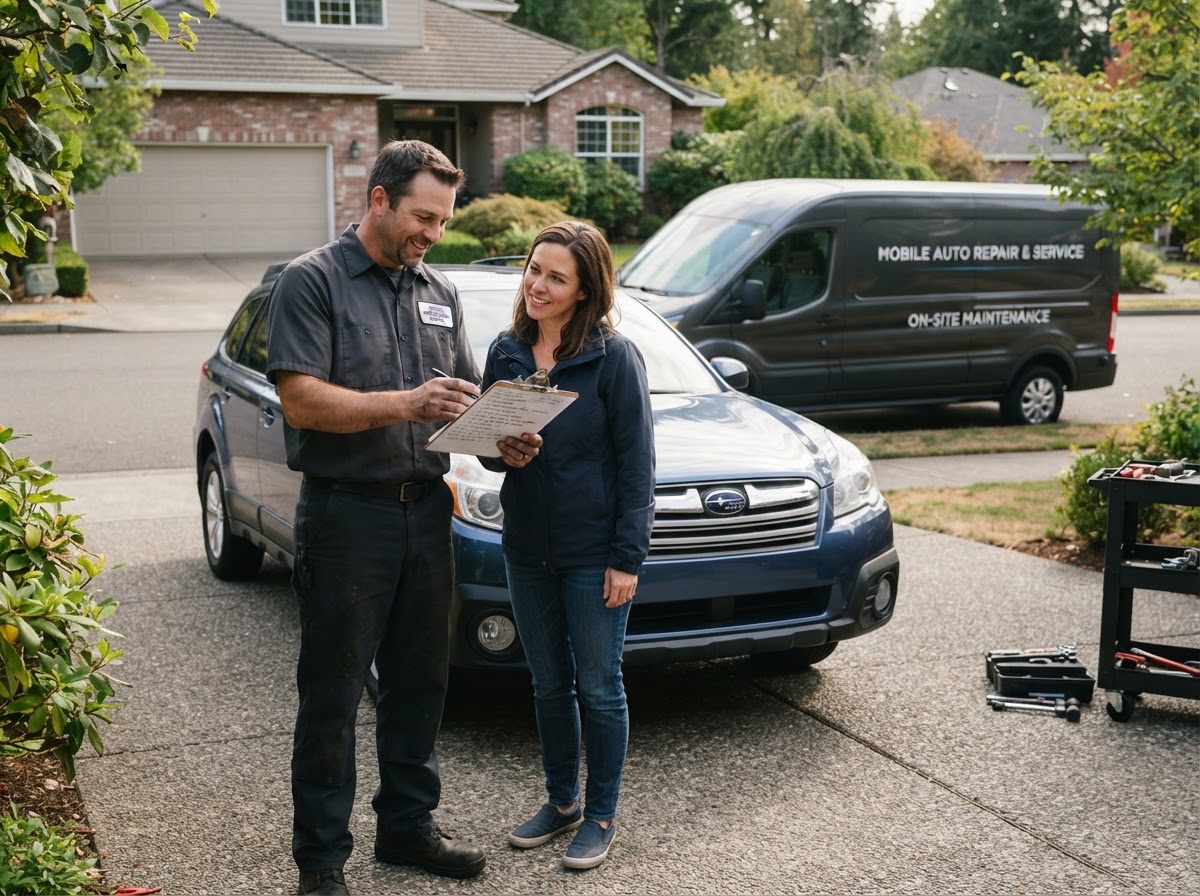 Walker driver reviewing completed mobile oil change service.