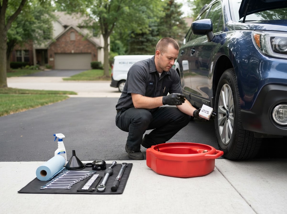 Mobile mechanic preparing engine oil and filter maintenance in Walker Michigan.