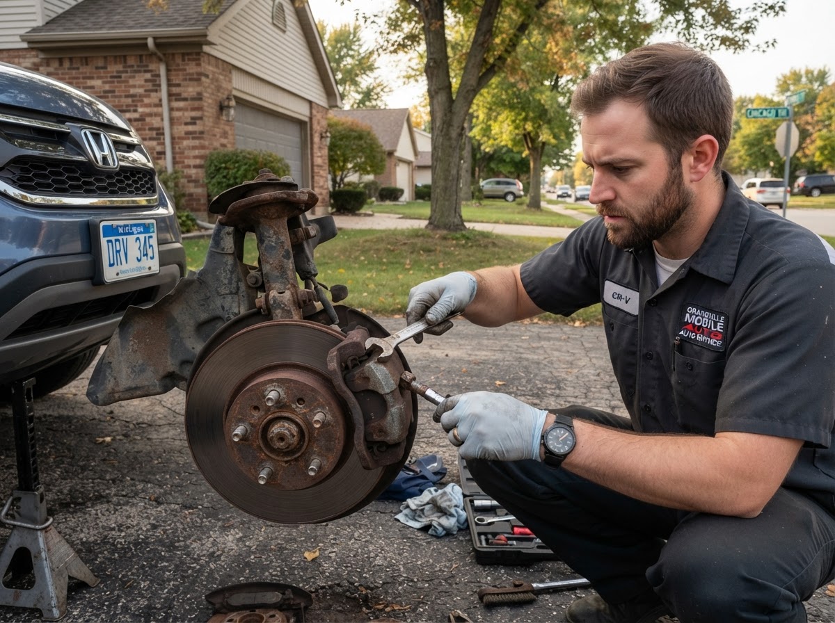 Mobile brake hardware inspection in Grandville Michigan.
