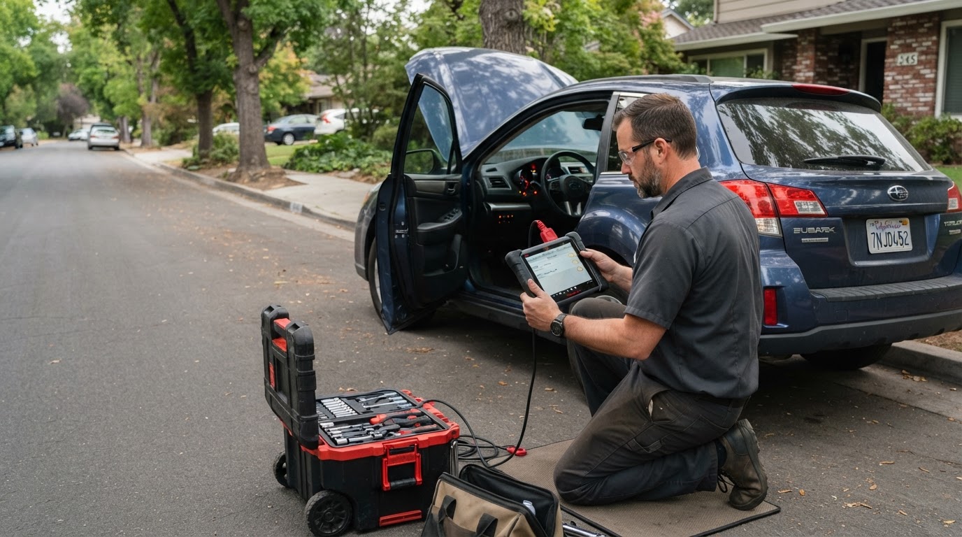 Roadside vehicle diagnostics by a mobile mechanic in Walker Michigan.