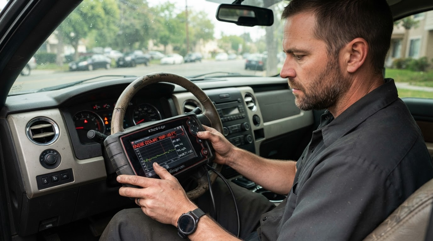 Mobile mechanic reviewing coolant temperature diagnostic data in Walker.