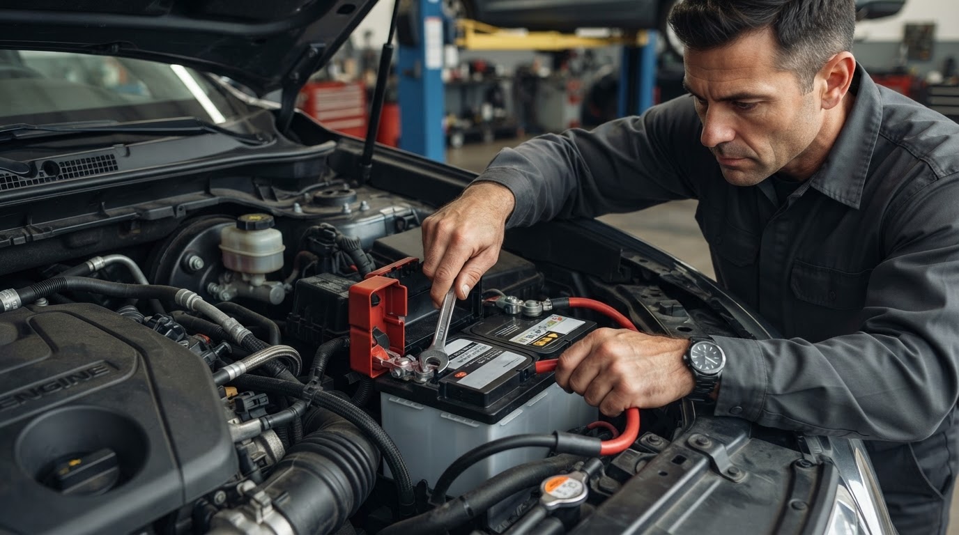Vehicle battery connection inspection in Allendale MI.