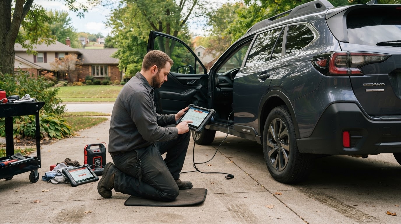Mobile car diagnostic service at a vehicle location in Walker Michigan.