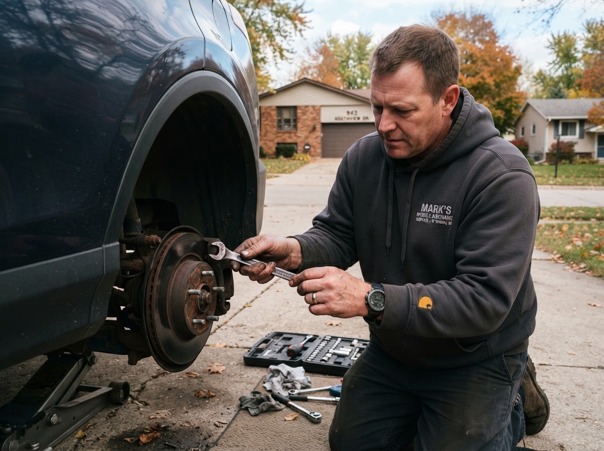 Mobile brake hardware inspection in Wyoming Michigan.