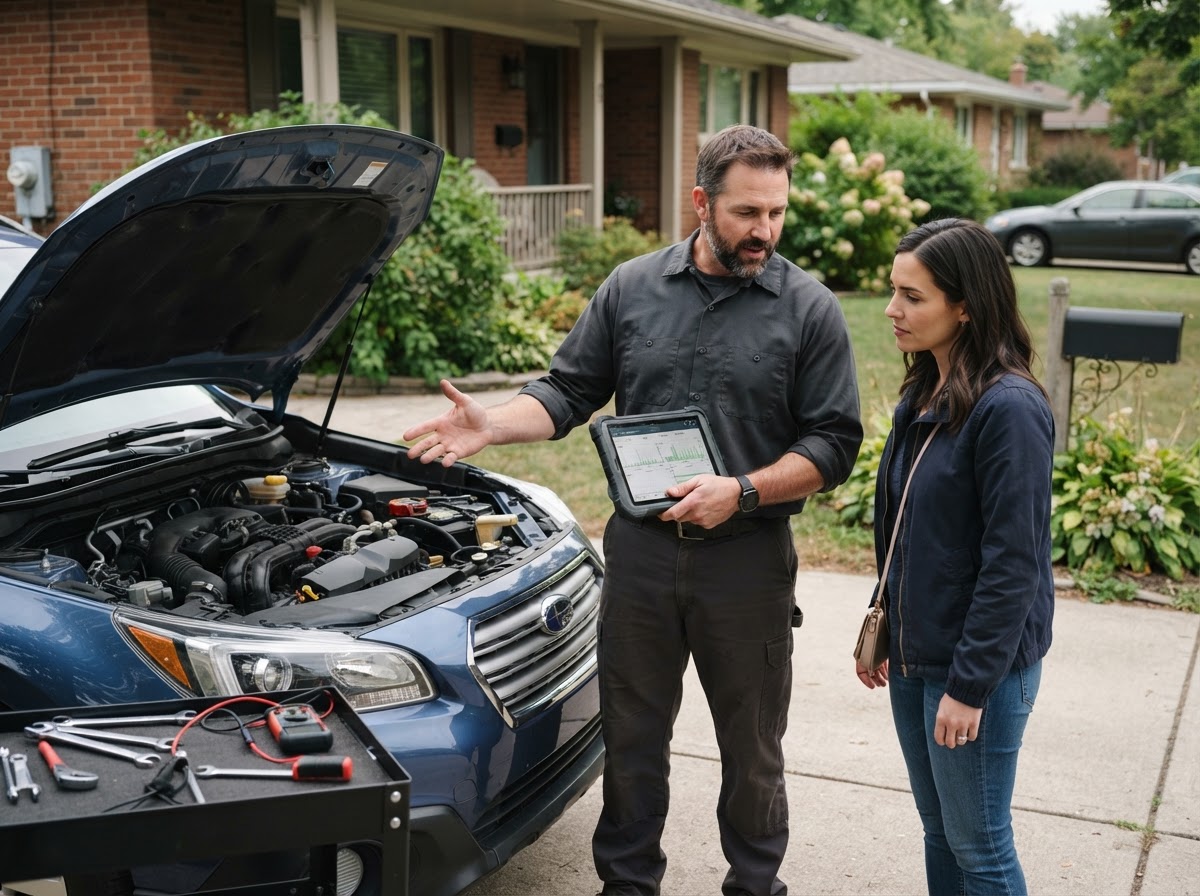Walker driver receiving an explanation of a vehicle no-start diagnosis.