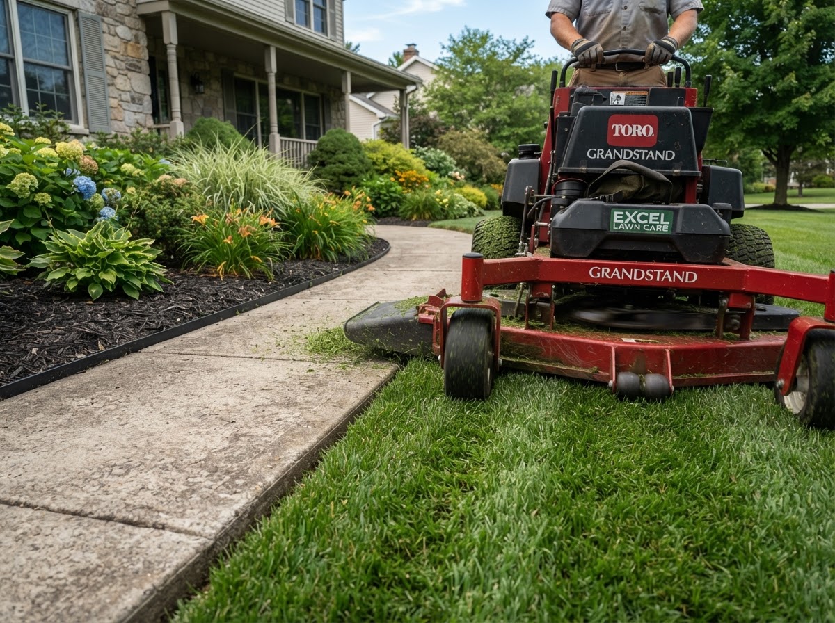 Lawn mowing and edge maintenance on residential turf