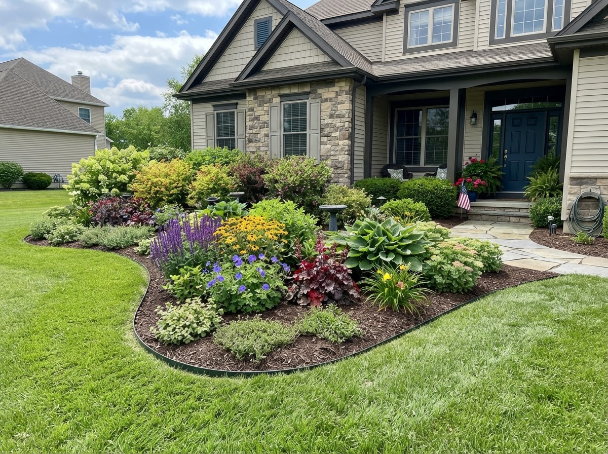 Designed residential garden bed with shrubs and perennial plants