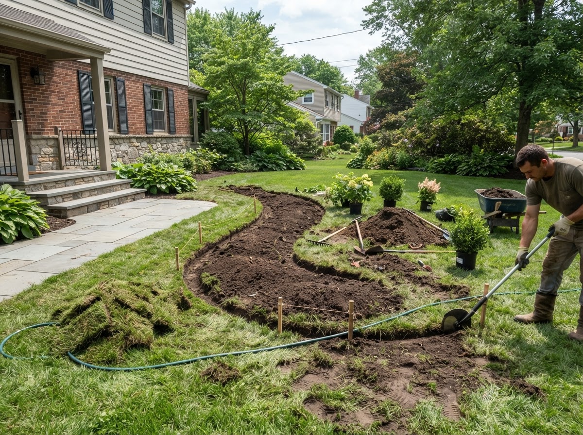 Planting bed layout and site preparation for landscape installation