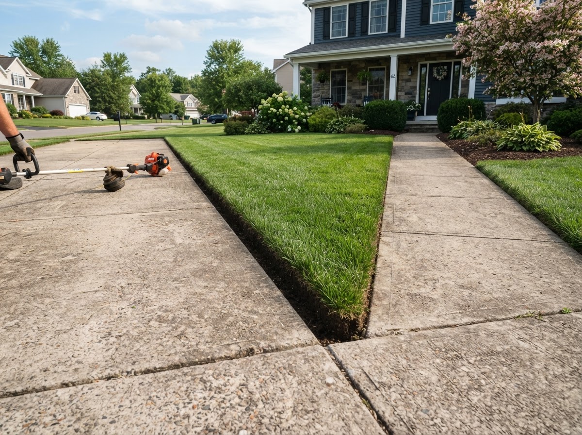 Lawn edging along a residential driveway and walkway