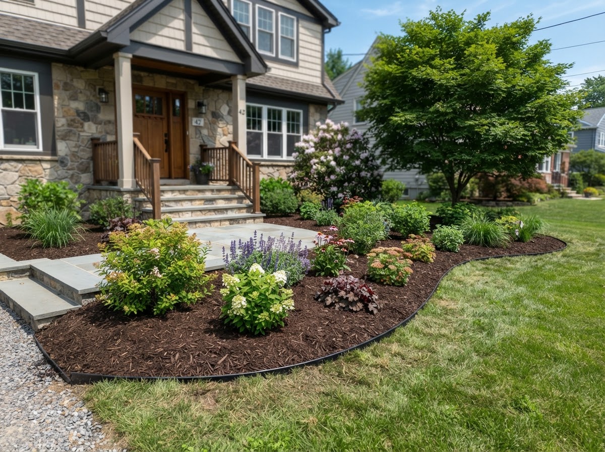 Mulched planting bed with shrubs and perennial plants