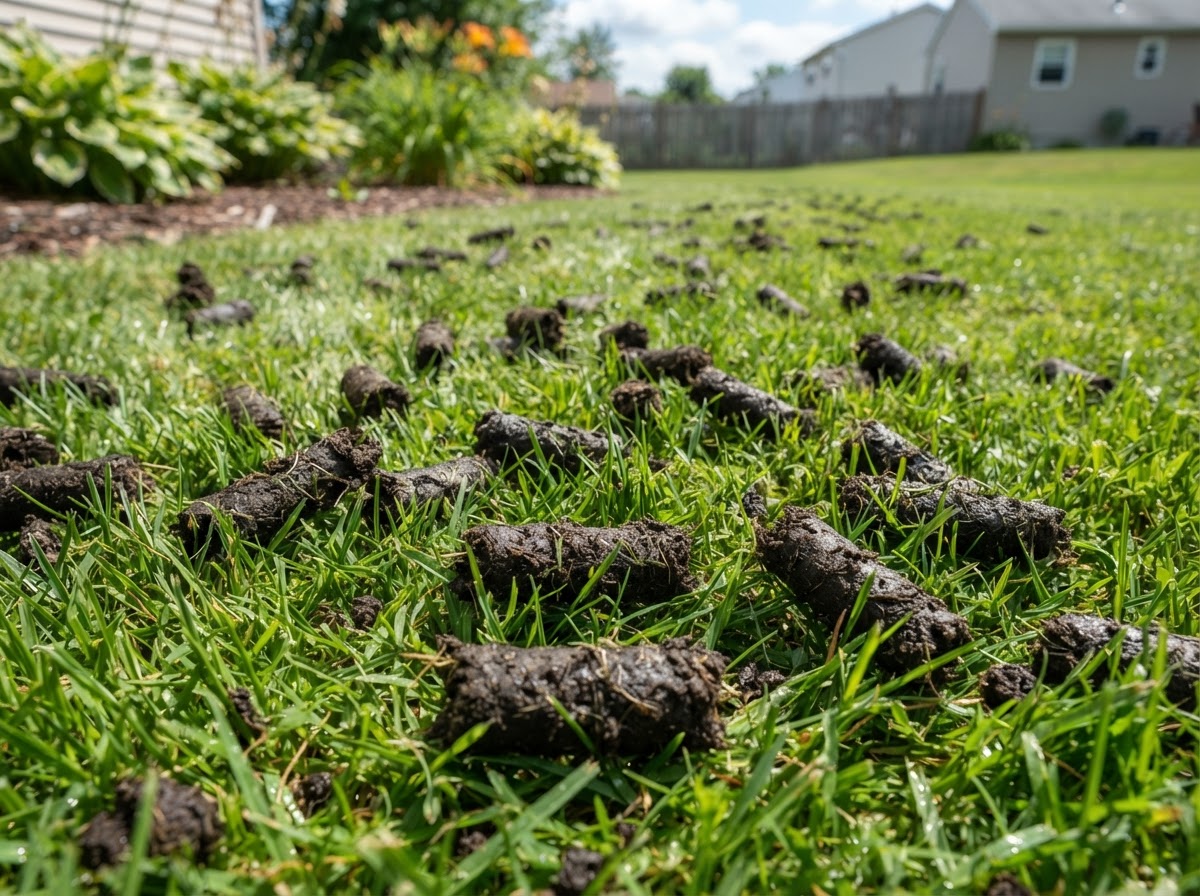 Soil plugs left by core lawn aeration