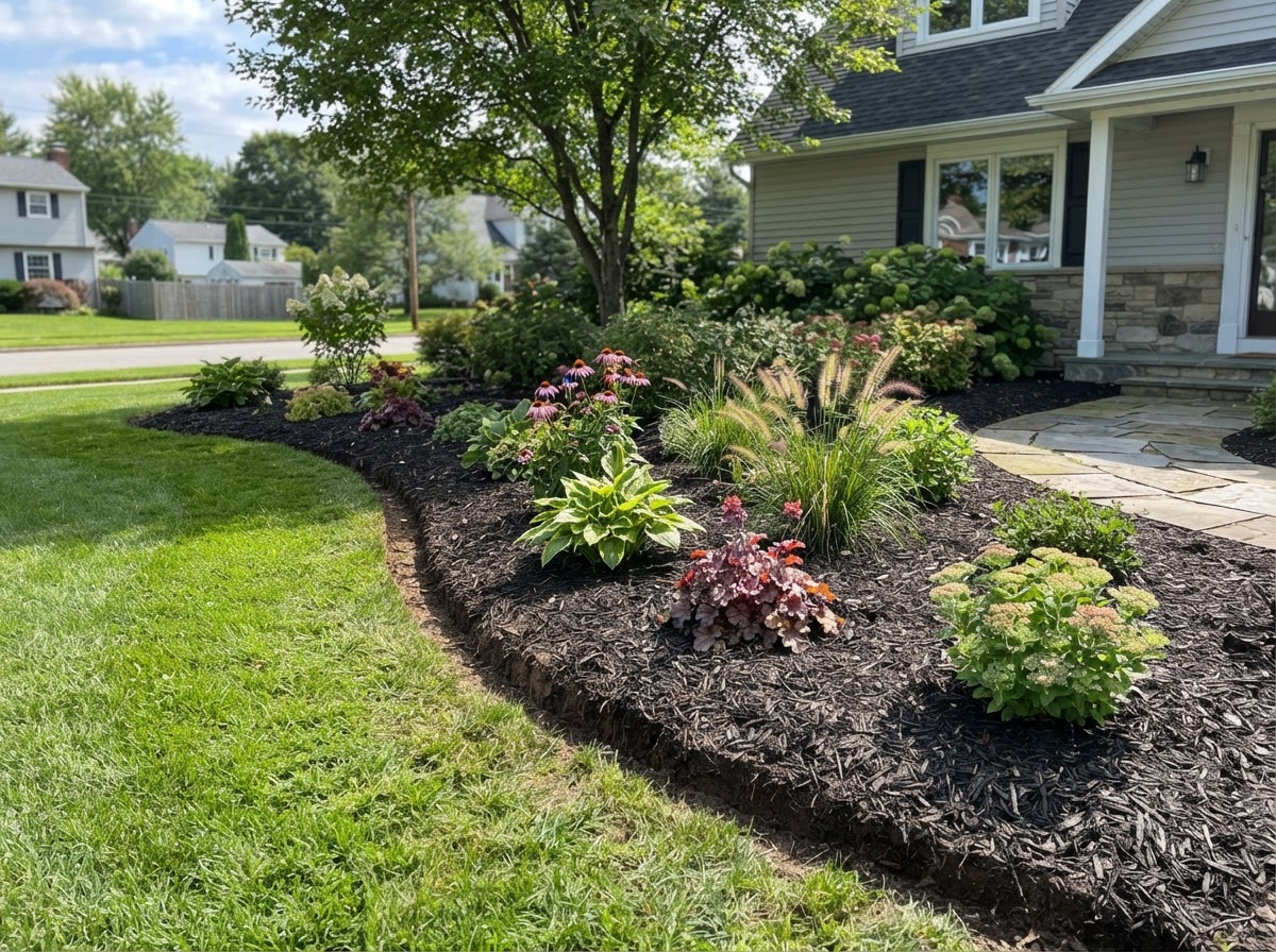 Defined garden bed edge with mulch and spaced landscape plants