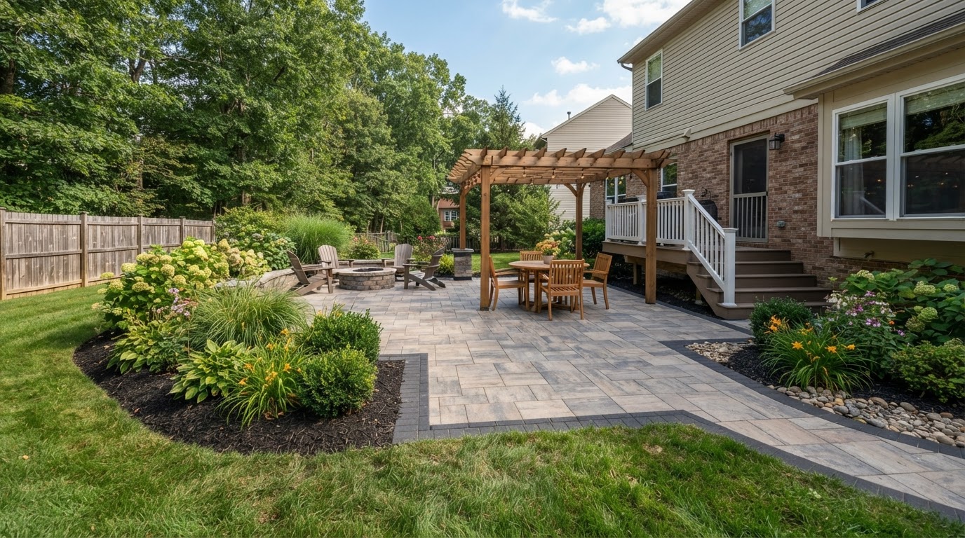 Residential paver patio and landscaping in Liverpool