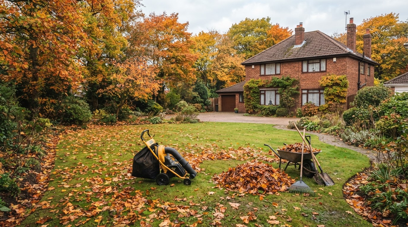 Fall landscape cleanup at a Liverpool-area residential property