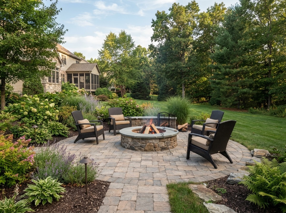 Finished fire pit and patio integrated with residential landscaping