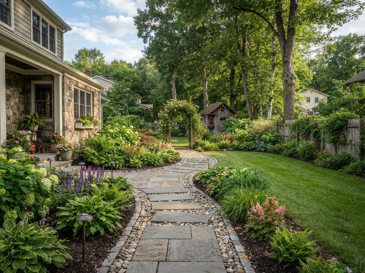 Paver walkway through a landscaped residential yard