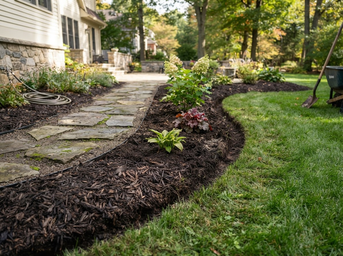Close-up of a neat mulched bed edge meeting a lawn with pavers and planting preparation