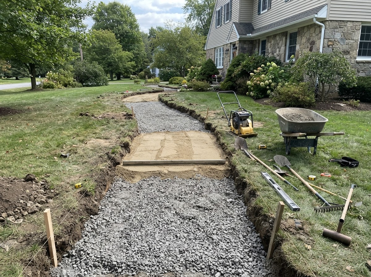 Base preparation for a residential paver walkway