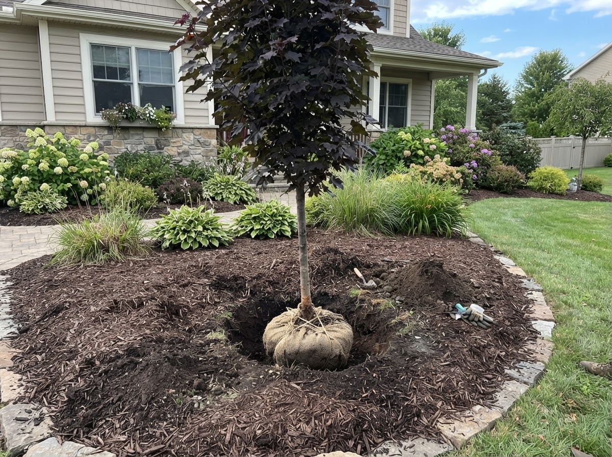 Ornamental tree installation in a residential landscape
