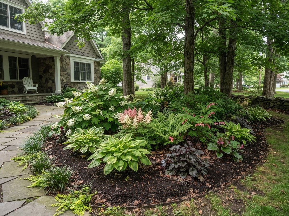 Residential planting bed designed for a partially shaded landscape