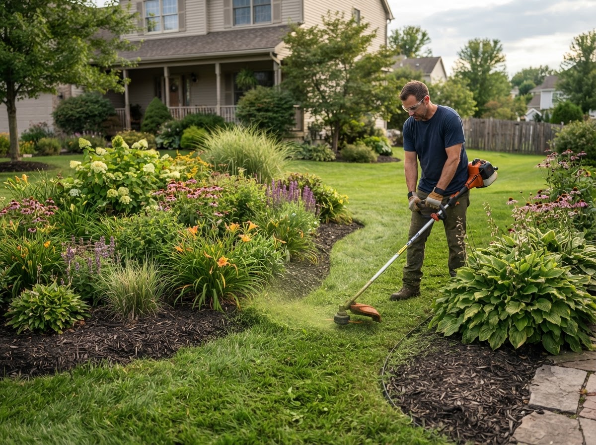 Lawn trimming around a residential planting bed
