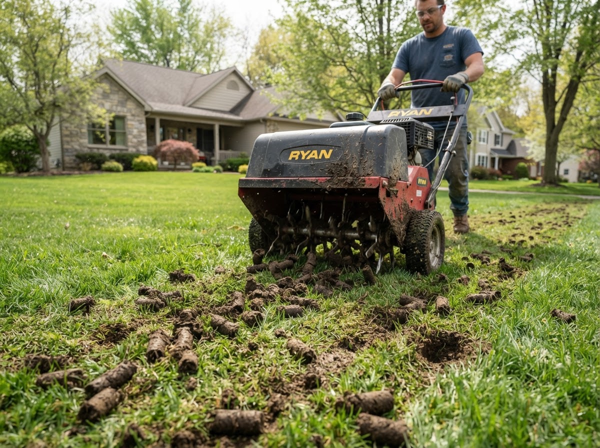 Core lawn aeration with soil plugs on residential turf