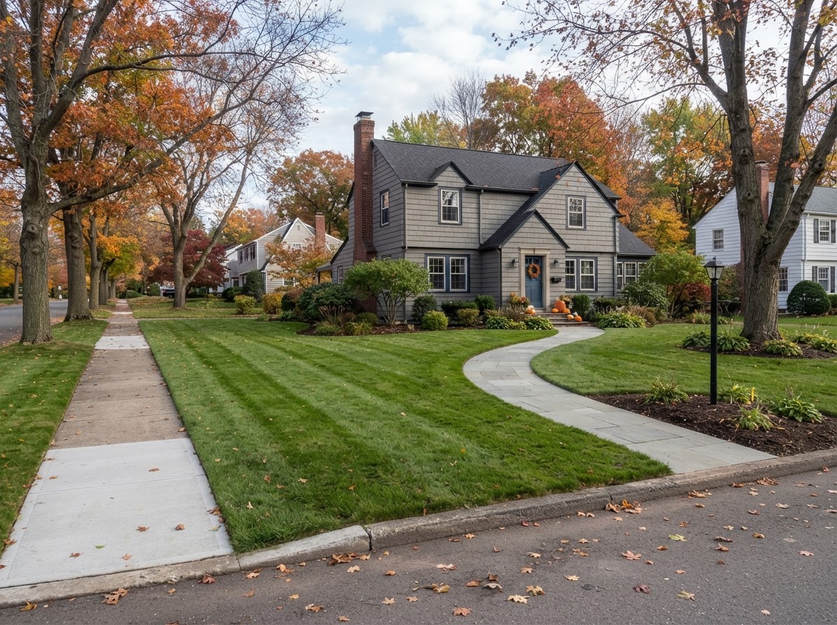 Residential lawn and walkway cleared during fall cleanup
