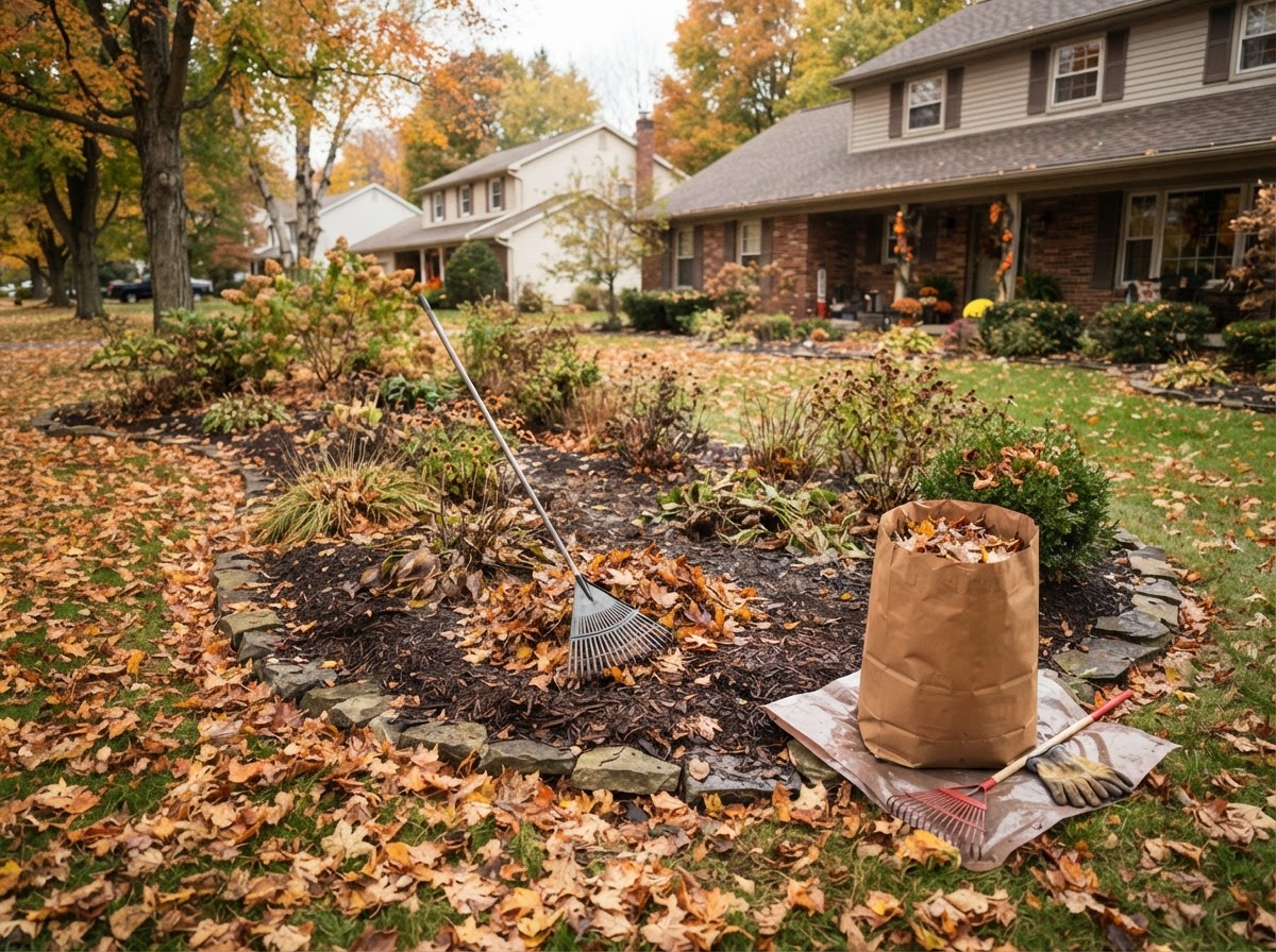 Fall leaf cleanup in residential planting beds