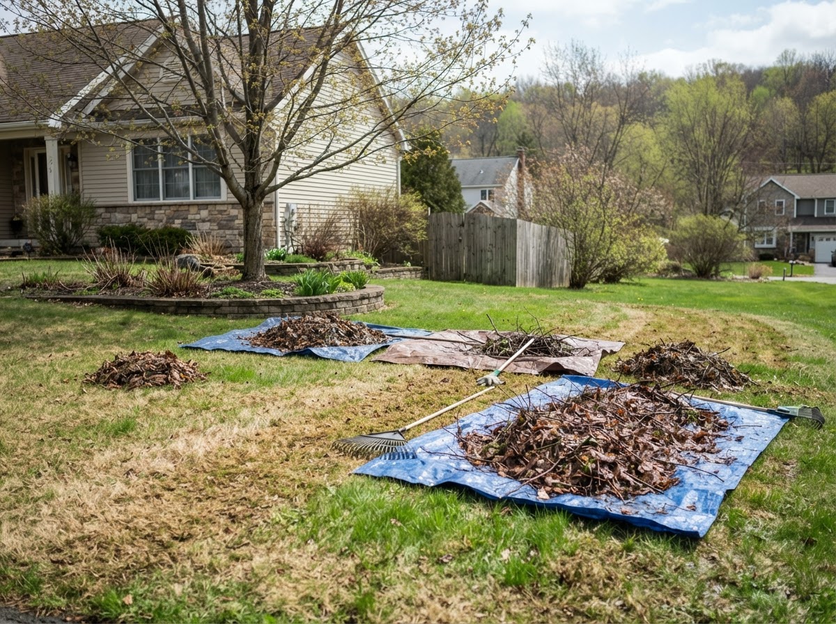 Spring leaf and twig cleanup on a residential lawn