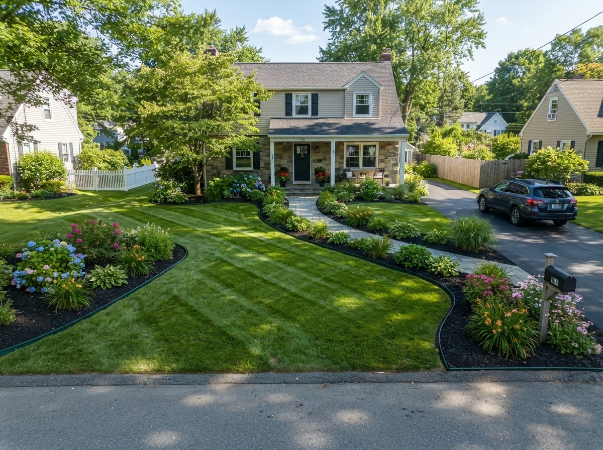 Freshly mowed residential lawn with defined landscape edges