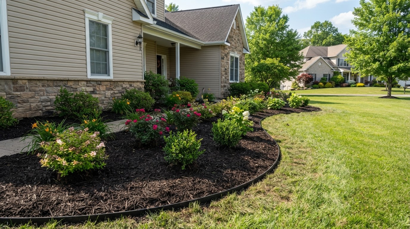 Residential planting bed and shrub landscaping in Clay