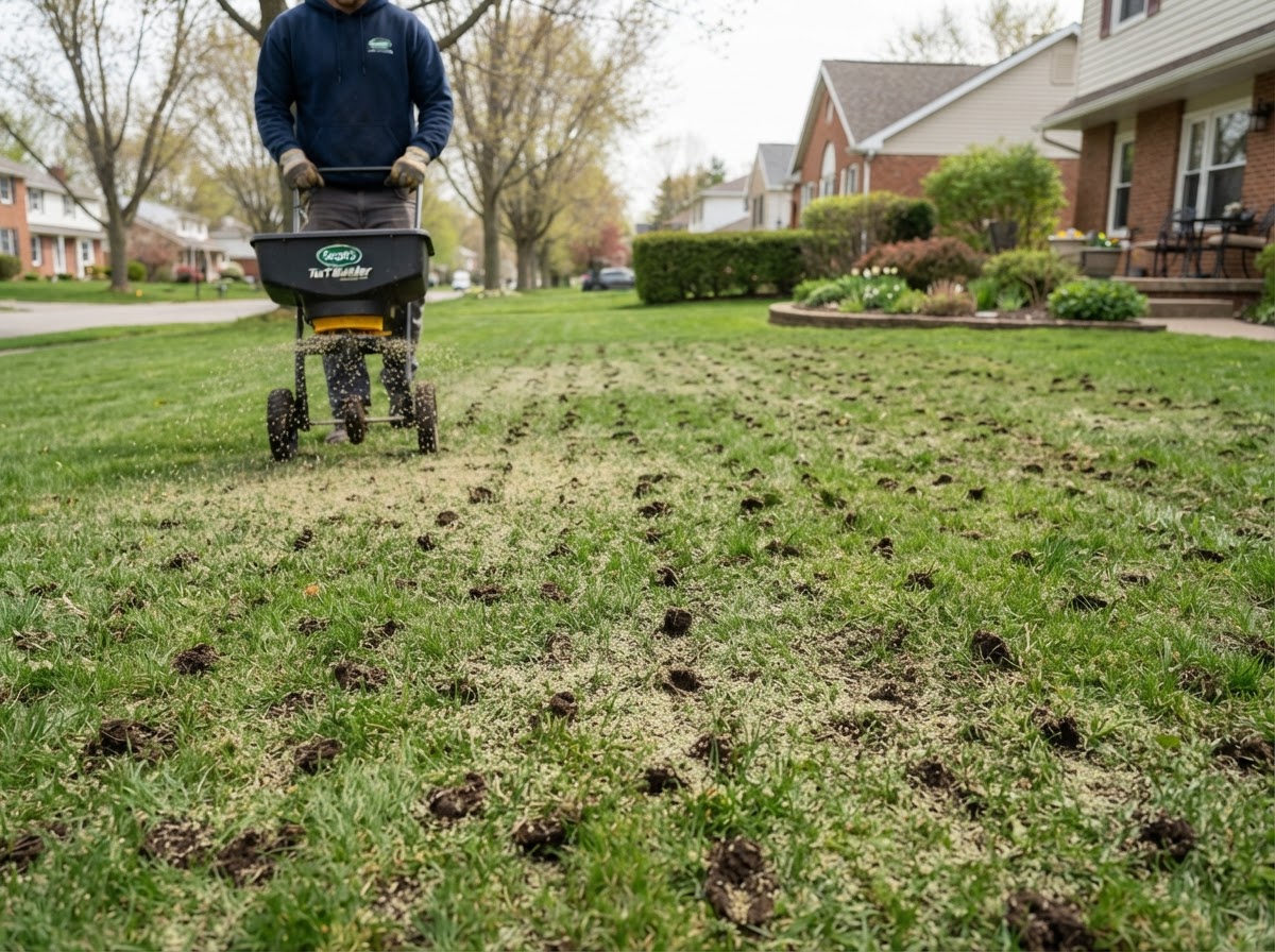 Aerated residential lawn prepared for overseeding