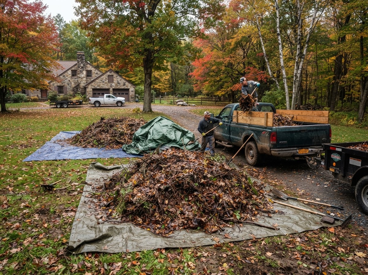 Collected leaves and landscape debris during residential cleanup service