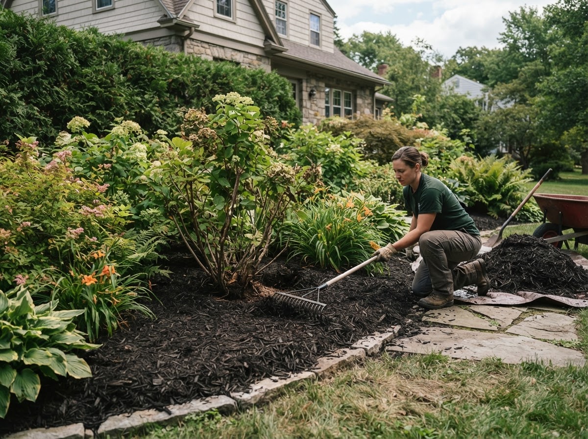 Mulch installation around residential shrubs and planting beds