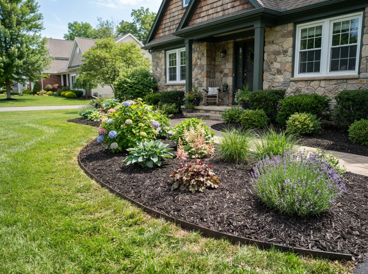 Refreshed residential planting bed with mulch and clean edging