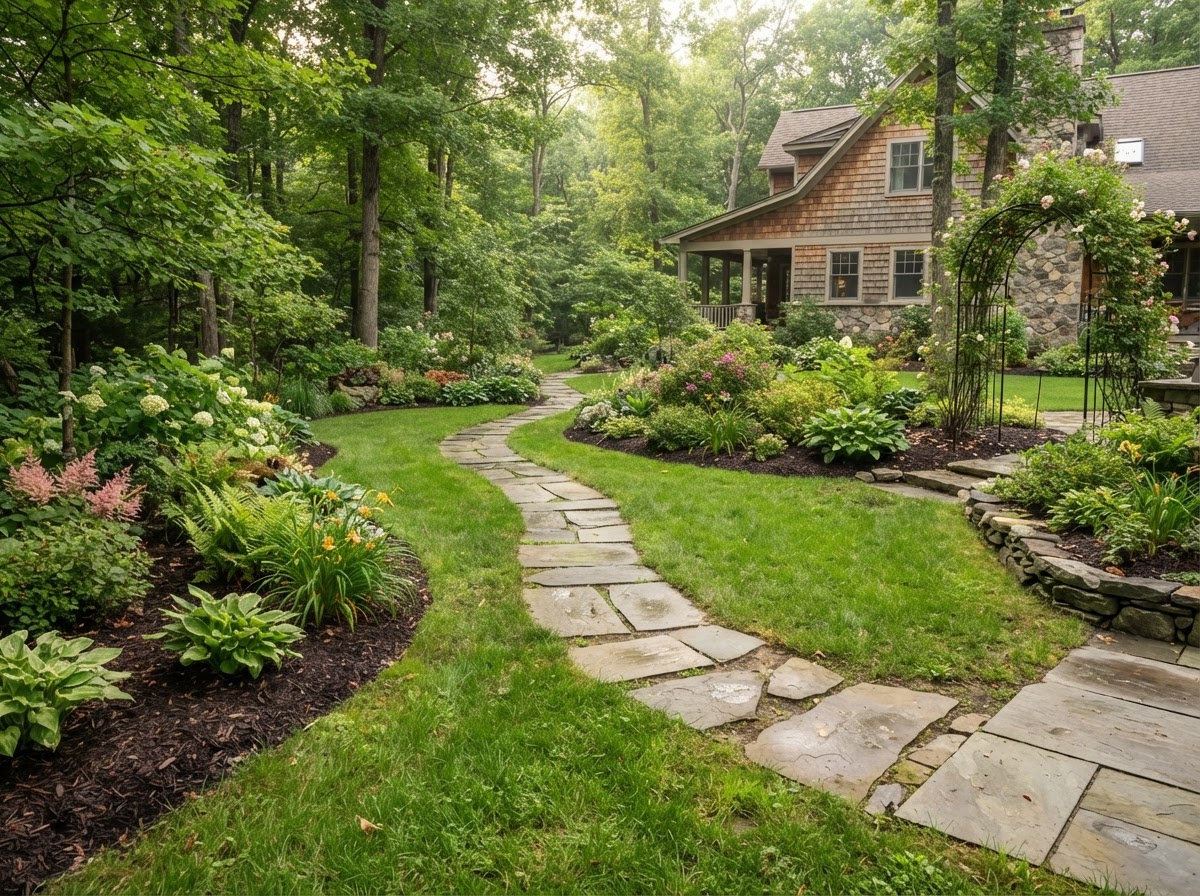 Stepping stone path through a residential garden
